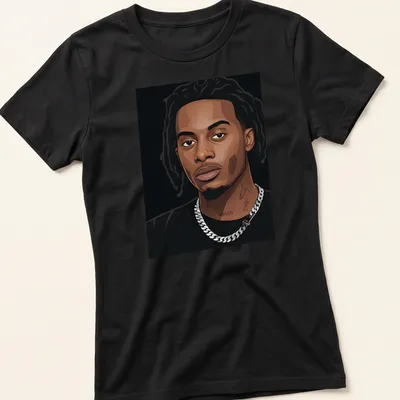 Vector portrait of Playboi Carti in black, brown, white, and silver tones — printed on a women's shirt