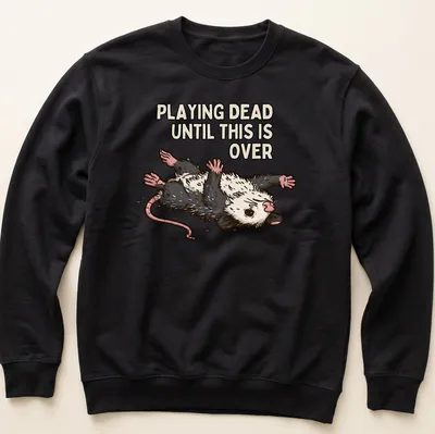 Cartoon opossum with silly expression and text about playing dead during tough times — printed on a unisex sweatshirt