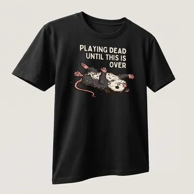 Cartoon opossum with silly expression and text about playing dead during tough times — printed on a unisex t-shirt (angled view)