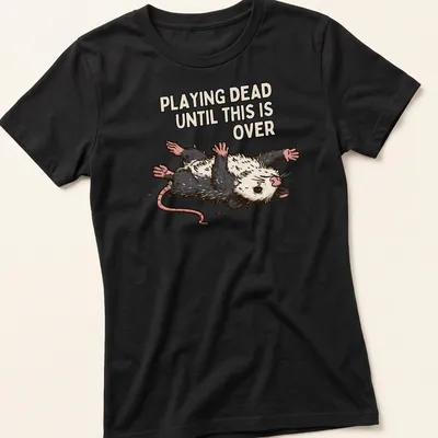 Cartoon opossum with silly expression and text about playing dead during tough times — printed on a women's shirt