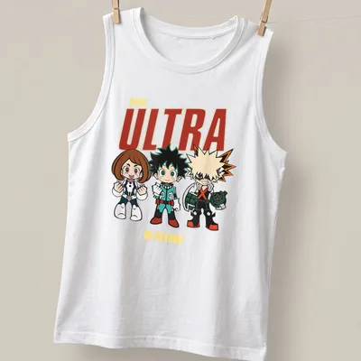 Colorful chibi characters with text 'Plus Ultra Go Beyond' — printed on a tank top
