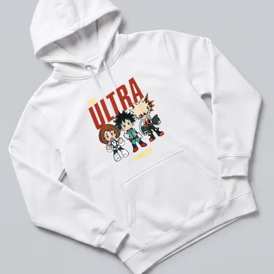 Colorful chibi characters with text 'Plus Ultra Go Beyond' — printed on a unisex hoodie