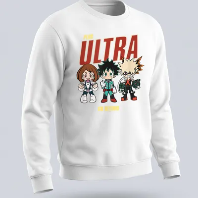 Colorful chibi characters with text 'Plus Ultra Go Beyond' — printed on a unisex sweatshirt