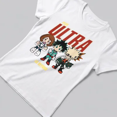 Colorful chibi characters with text 'Plus Ultra Go Beyond' — printed on a women's shirt