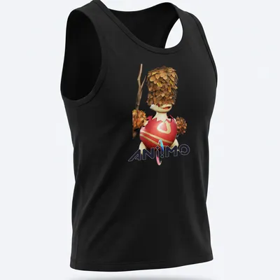3D animated character with foliage and egg-like body on a colorful — printed on a tank top
