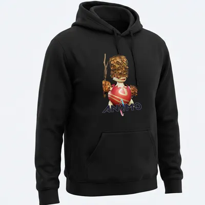 3D animated character with foliage and egg-like body on a colorful — printed on a unisex hoodie