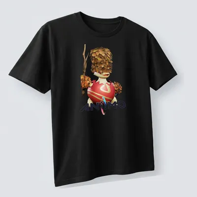 3D animated character with foliage and egg-like body on a colorful — printed on a unisex t-shirt (angled view)