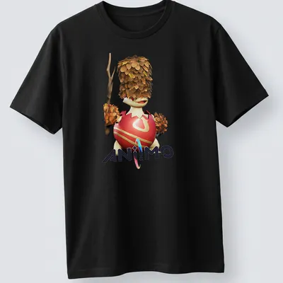 3D animated character with foliage and egg-like body on a colorful — printed on a unisex t-shirt