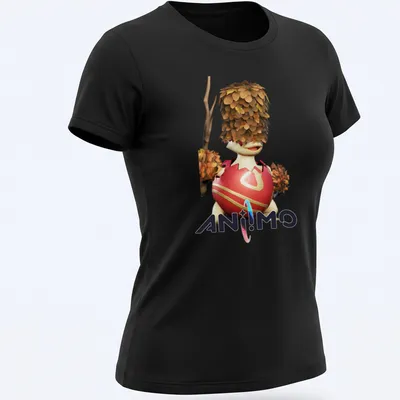 3D animated character with foliage and egg-like body on a colorful — printed on a women's shirt