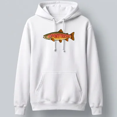 Vintage style shirt featuring a rainbow trout and the text 'PONTE TRUCHA!' in vibrant colors — printed on a unisex hoodie