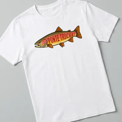 Vintage style shirt featuring a rainbow trout and the text 'PONTE TRUCHA!' in vibrant colors