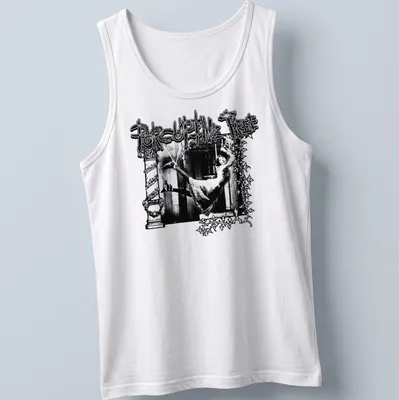 Vintage gothic Porcupine Tree band t-shirt with a woman hanging from a structure — printed on a tank top