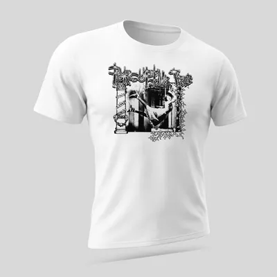 Vintage gothic Porcupine Tree band t-shirt with a woman hanging from a structure — printed on a unisex t-shirt (angled view)