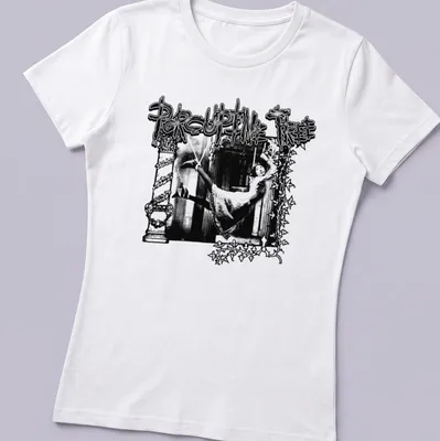 Vintage gothic Porcupine Tree band t-shirt with a woman hanging from a structure — printed on a women's shirt