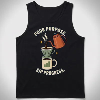Retro coffee-themed t-shirt with the phrase Pour Purpose Sip Progress and a brewing illustration. — printed on a tank top