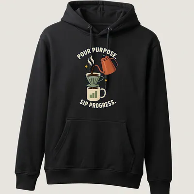 Retro coffee-themed t-shirt with the phrase Pour Purpose Sip Progress and a brewing illustration. — printed on a unisex hoodie