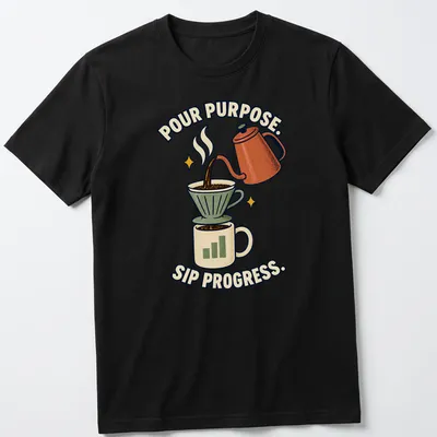 Retro coffee-themed t-shirt with the phrase Pour Purpose Sip Progress and a brewing illustration. — printed on a unisex t-shirt