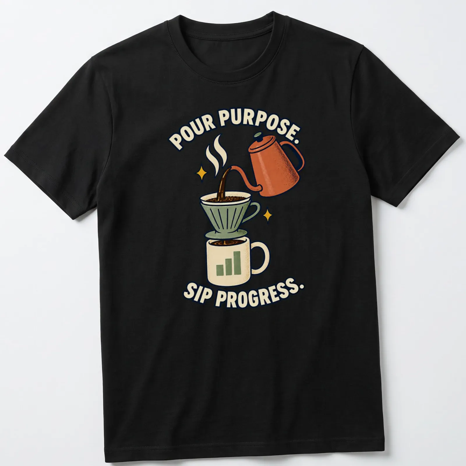 Retro coffee-themed t-shirt with the phrase Pour Purpose Sip Progress and a brewing illustration. — printed on a unisex t-shirt