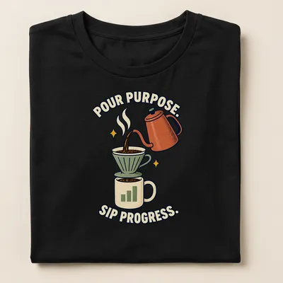 Retro coffee-themed t-shirt with the phrase Pour Purpose Sip Progress and a brewing illustration. — printed on a women's shirt
