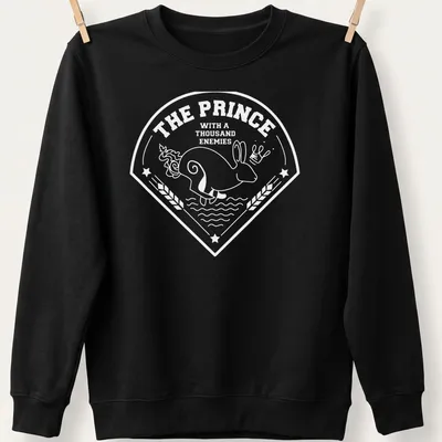 Illustrative t-shirt featuring a rabbit from Watership Down with printed text. — printed on a unisex sweatshirt