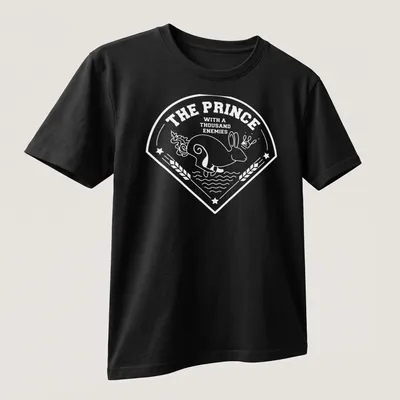 Illustrative t-shirt featuring a rabbit from Watership Down with printed text. — printed on a unisex t-shirt (angled view)