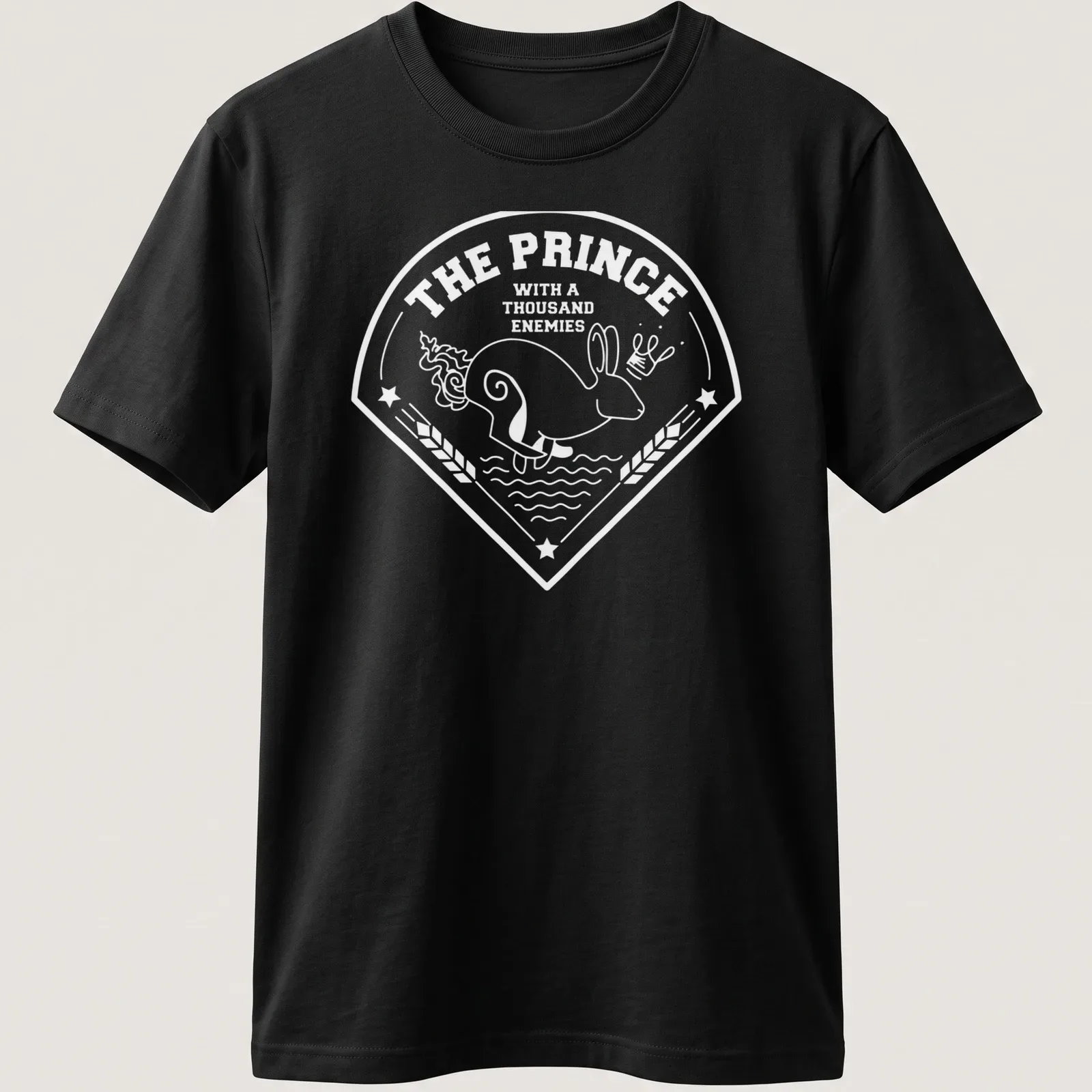 Illustrative t-shirt featuring a rabbit from Watership Down with printed text. — printed on a unisex t-shirt