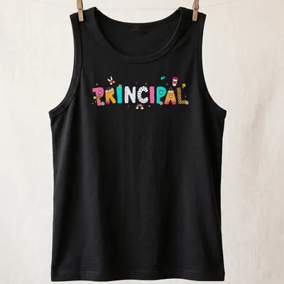 Kawaii cartoon Principal T-shirt with colorful letters in pink, blue, and more — printed on a tank top