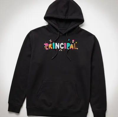 Kawaii cartoon Principal T-shirt with colorful letters in pink, blue, and more — printed on a unisex hoodie