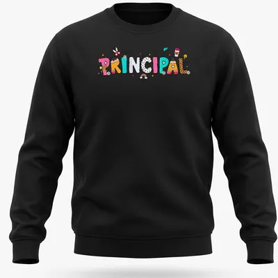 Kawaii cartoon Principal T-shirt with colorful letters in pink, blue, and more — printed on a unisex sweatshirt