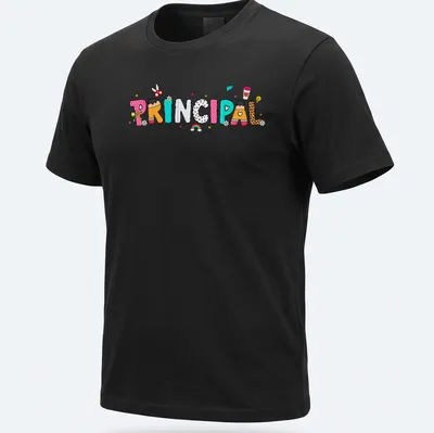 Kawaii cartoon Principal T-shirt with colorful letters in pink, blue, and more — printed on a unisex t-shirt