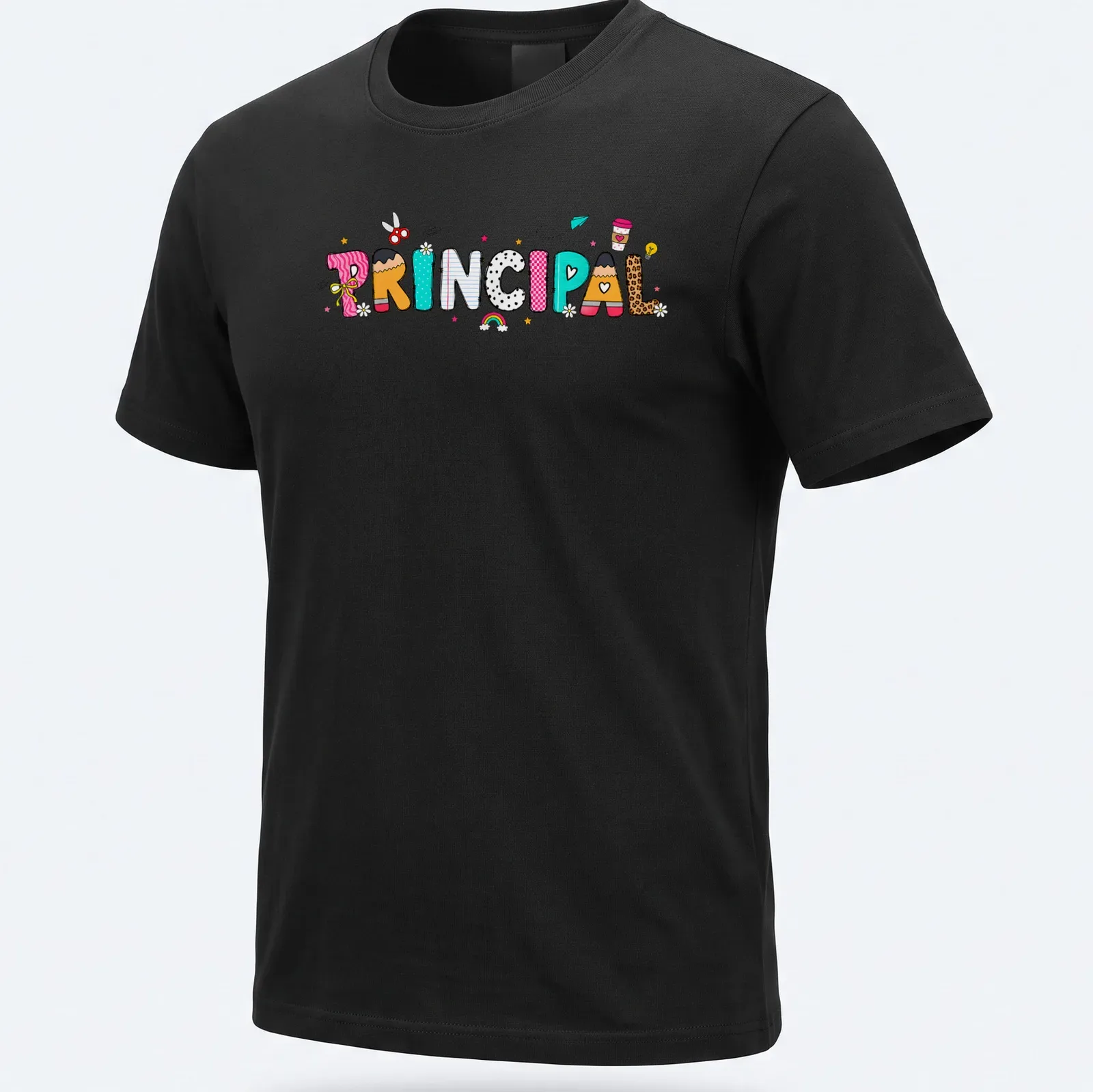 Kawaii cartoon Principal T-shirt with colorful letters in pink, blue, and more — printed on a unisex t-shirt