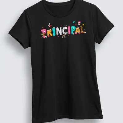 Kawaii cartoon Principal T-shirt with colorful letters in pink, blue, and more — printed on a women's shirt