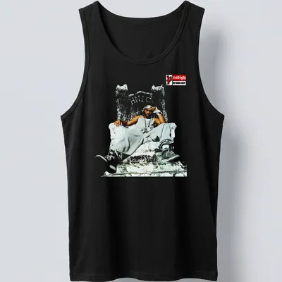 Illustration of Prodigy of Mobb Deep seated on a throne with high-contrast colors. — printed on a tank top