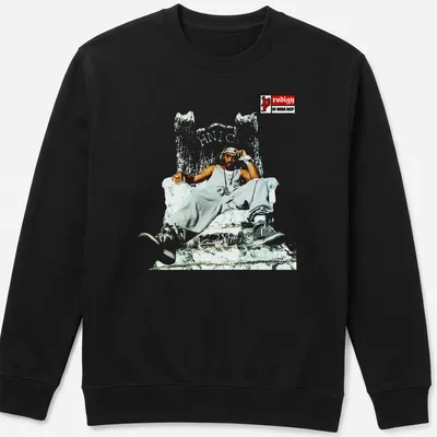 Illustration of Prodigy of Mobb Deep seated on a throne with high-contrast colors. — printed on a unisex sweatshirt