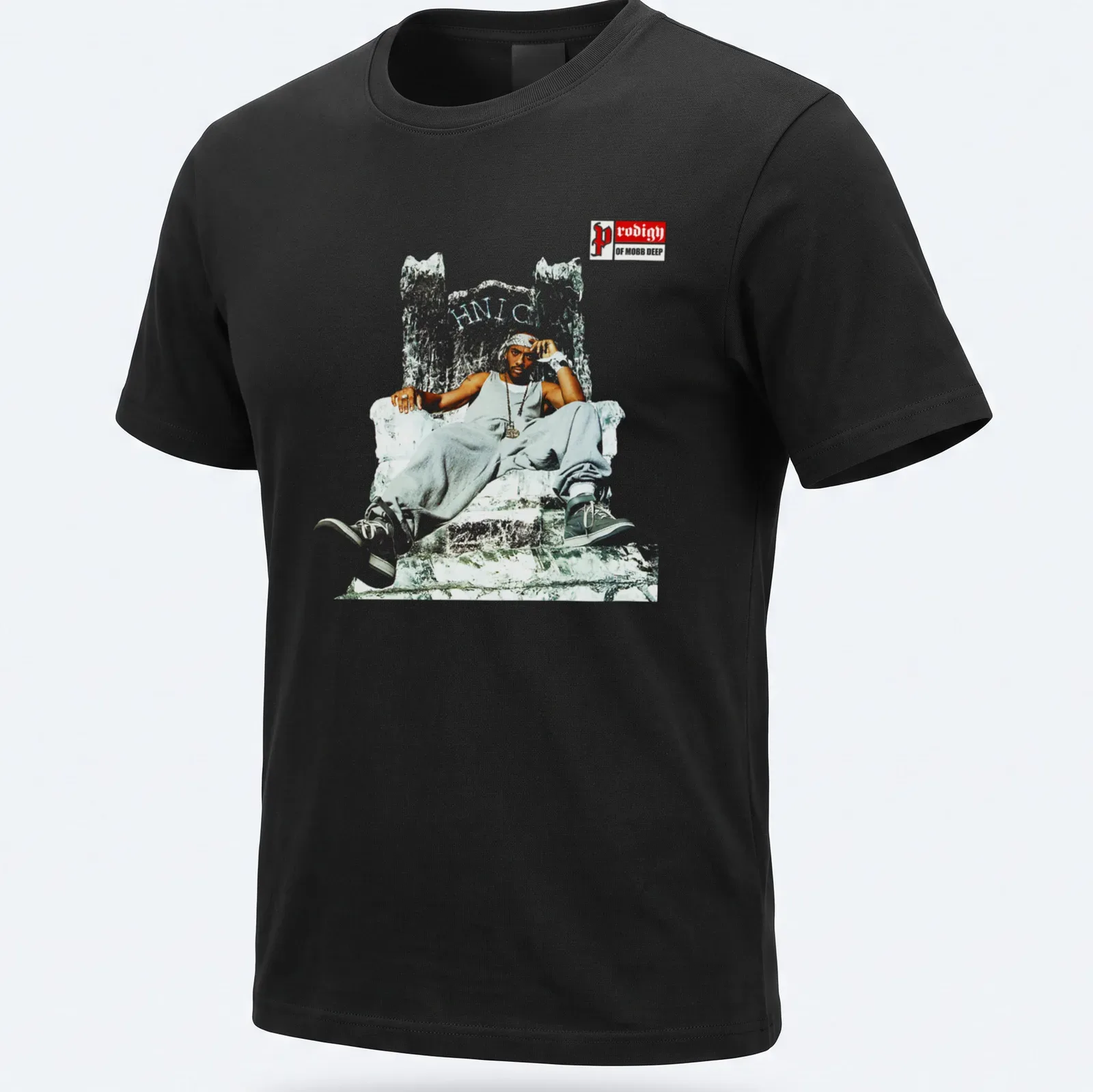 Illustration of Prodigy of Mobb Deep seated on a throne with high-contrast colors. — printed on a unisex t-shirt