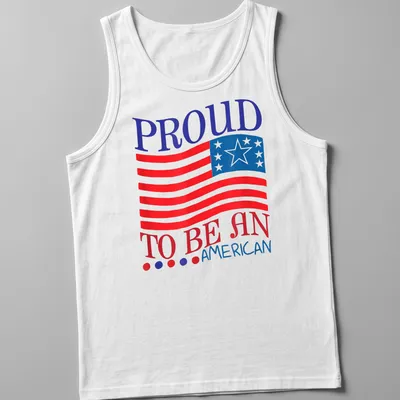 Bold typography on an American flag background in red, blue, and white — printed on a tank top