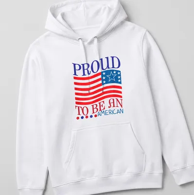 Bold typography on an American flag background in red, blue, and white — printed on a unisex hoodie