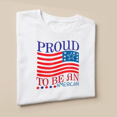Bold typography on an American flag background in red, blue, and white — printed on a unisex t-shirt (angled view)