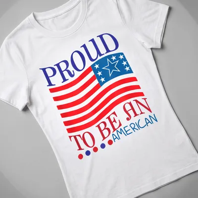 Bold typography on an American flag background in red, blue, and white — printed on a women's shirt