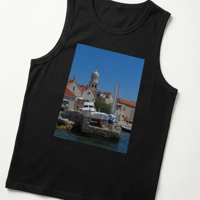 Photographic print of Prvic Sepurine Harbour with boats and buildings — printed on a tank top