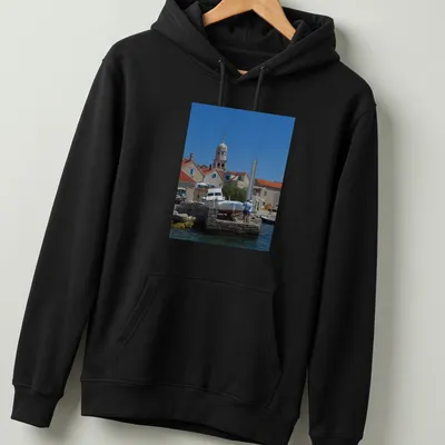 Photographic print of Prvic Sepurine Harbour with boats and buildings — printed on a unisex hoodie
