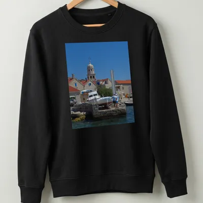 Photographic print of Prvic Sepurine Harbour with boats and buildings — printed on a unisex sweatshirt