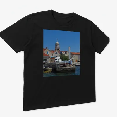 Photographic print of Prvic Sepurine Harbour with boats and buildings — printed on a unisex t-shirt (angled view)