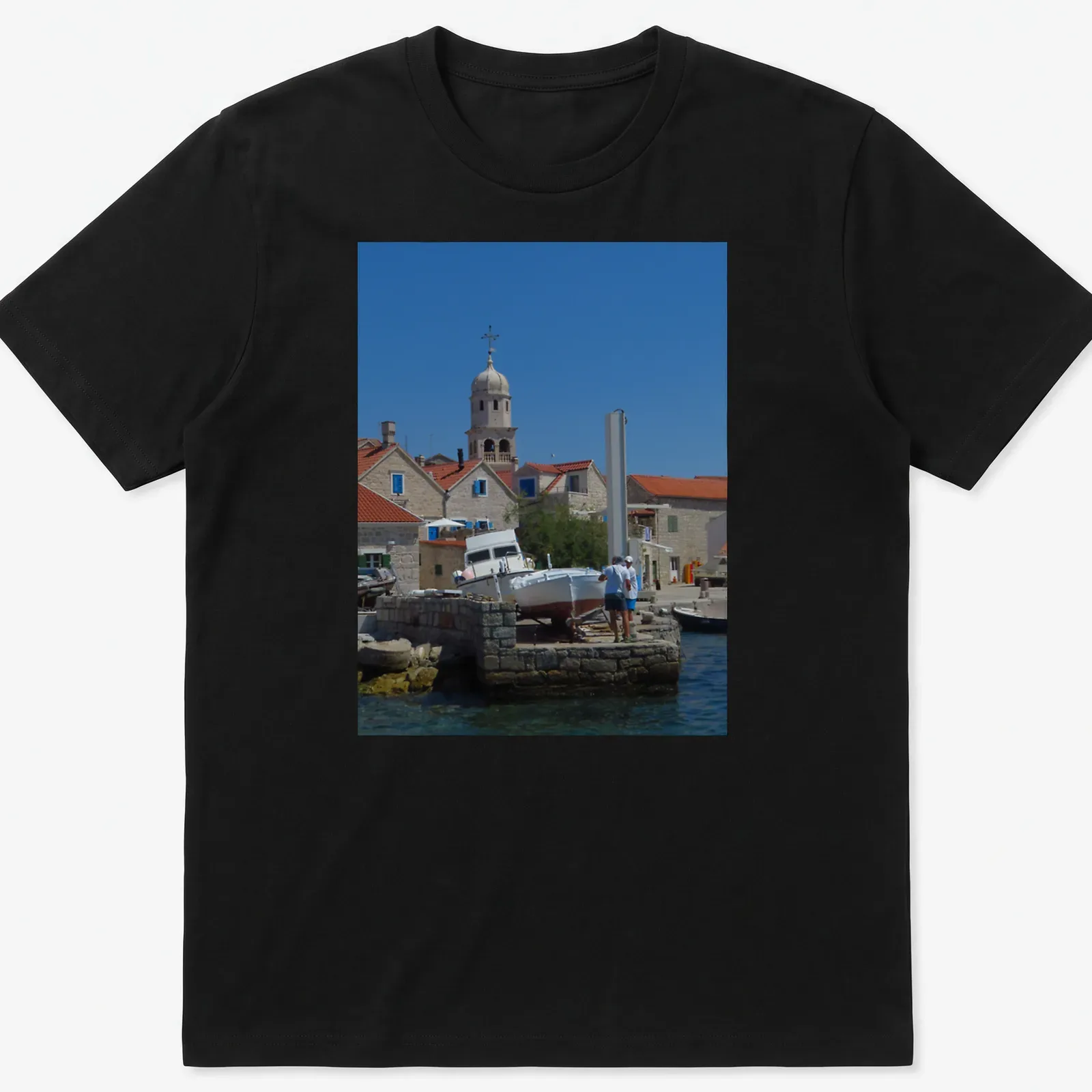Photographic print of Prvic Sepurine Harbour with boats and buildings — printed on a unisex t-shirt