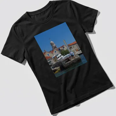 Photographic print of Prvic Sepurine Harbour with boats and buildings — printed on a women's shirt