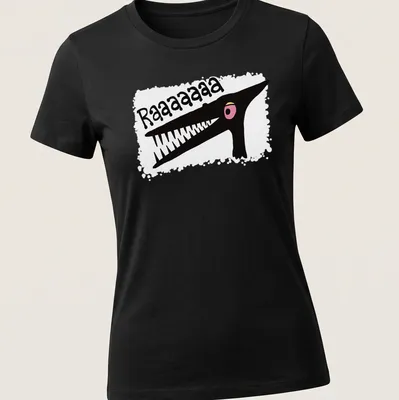 Cartoon pterodactyl graphic with 'Raaaaaaaa' text in black, pink, and white. — printed on a women's shirt