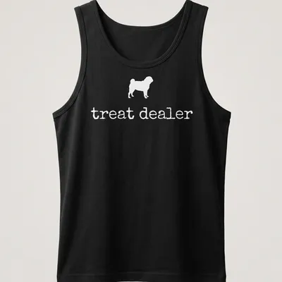 Simple silhouette of a pug with the text 'treat dealer' beneath in bold lettering — printed on a tank top