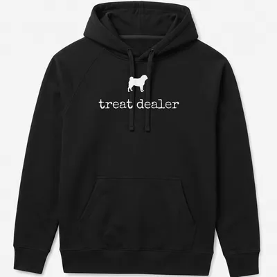 Simple silhouette of a pug with the text 'treat dealer' beneath in bold lettering — printed on a unisex hoodie