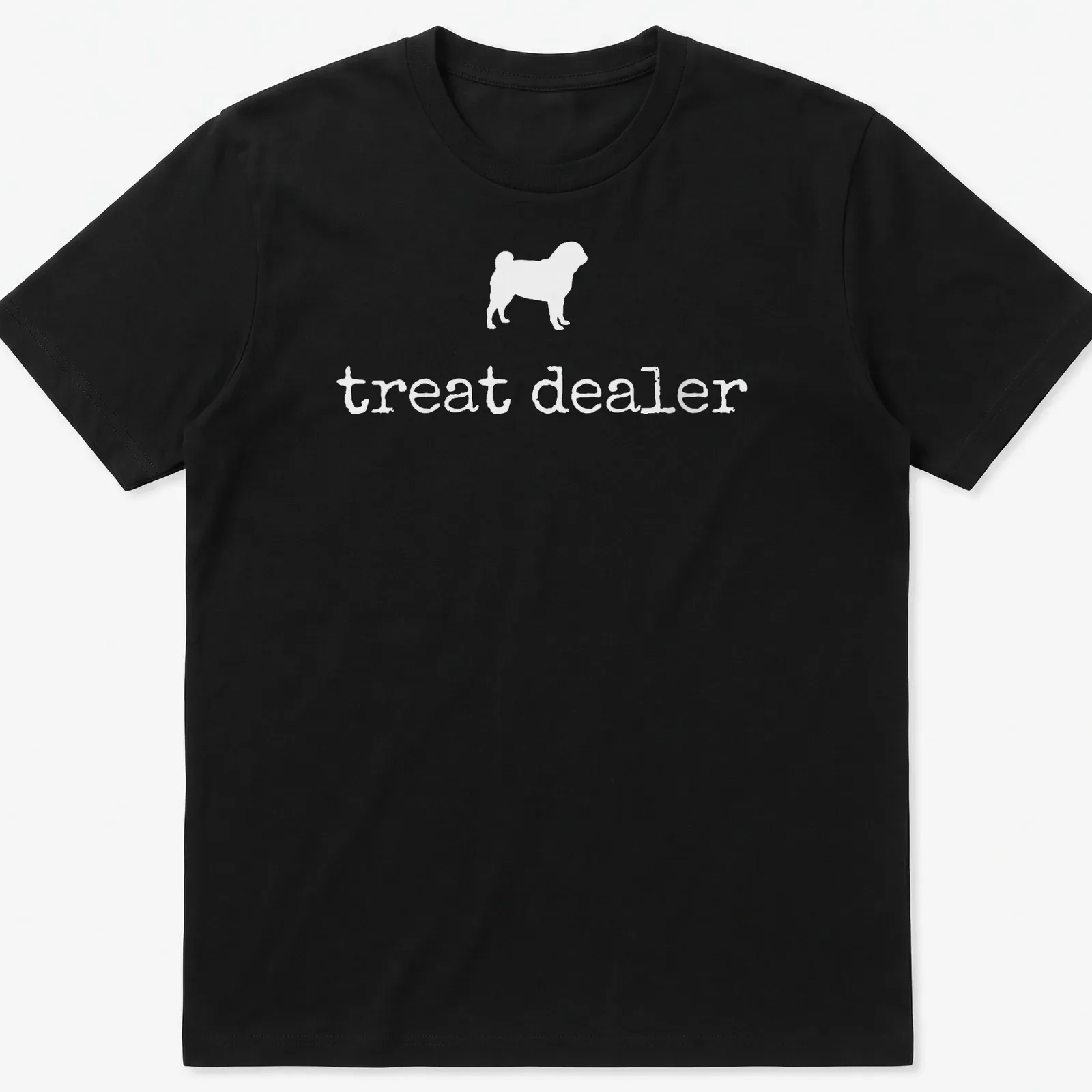 Simple silhouette of a pug with the text 'treat dealer' beneath in bold lettering — printed on a unisex t-shirt