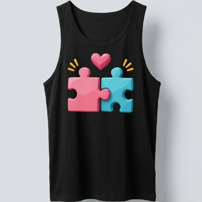 3D cartoon graphic of pink and blue puzzle pieces with the text Puzzle Pieces United With Love — printed on a tank top